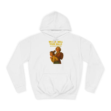 Retro Hoodie „We Can Smell Your Balls“ – Retro-Motiv mit schwarzem Humor – Arctic White – Vorderseite
