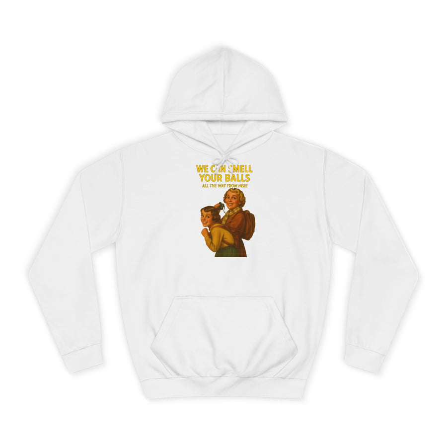 Retro Hoodie „We Can Smell Your Balls“ – Retro-Motiv mit schwarzem Humor – Arctic White – Vorderseite