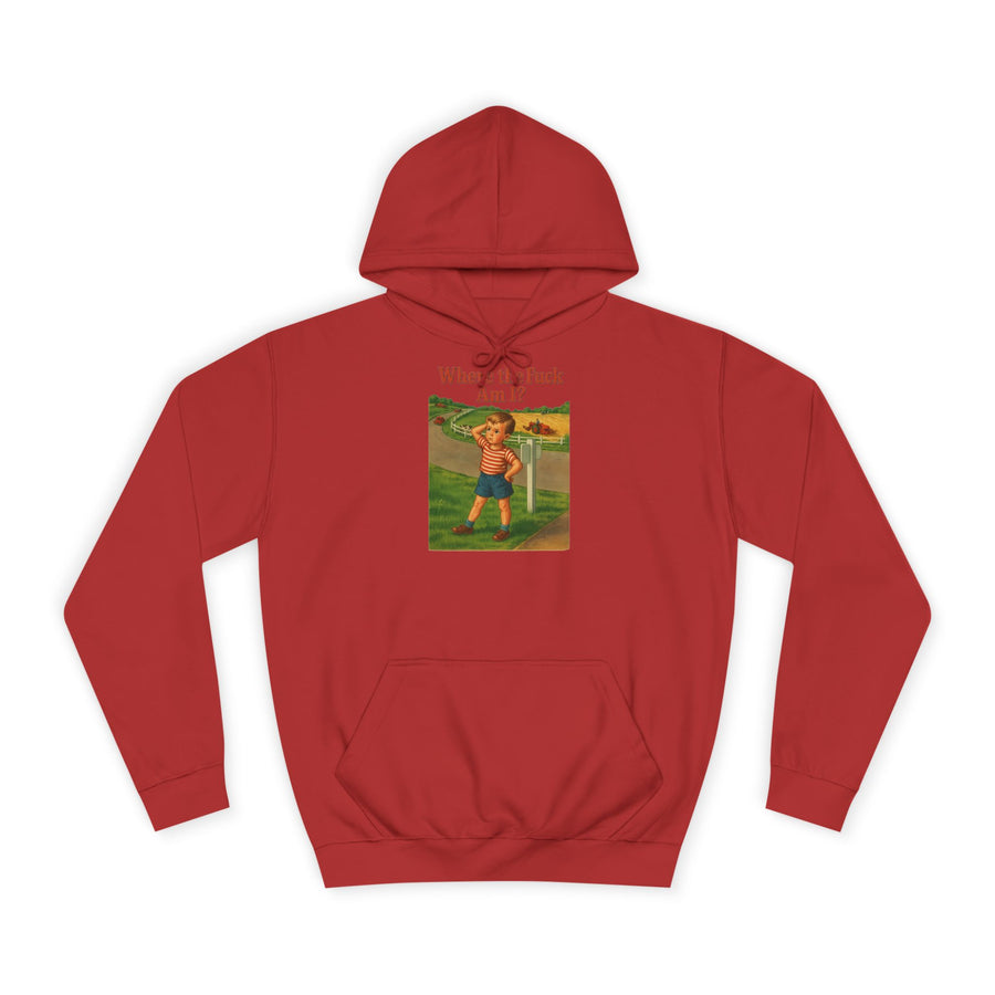 True Insights Where the F*ck Am I? Hoodie – Vintage-Motiv mit nostalgischem Lost-Boy in Fire Red