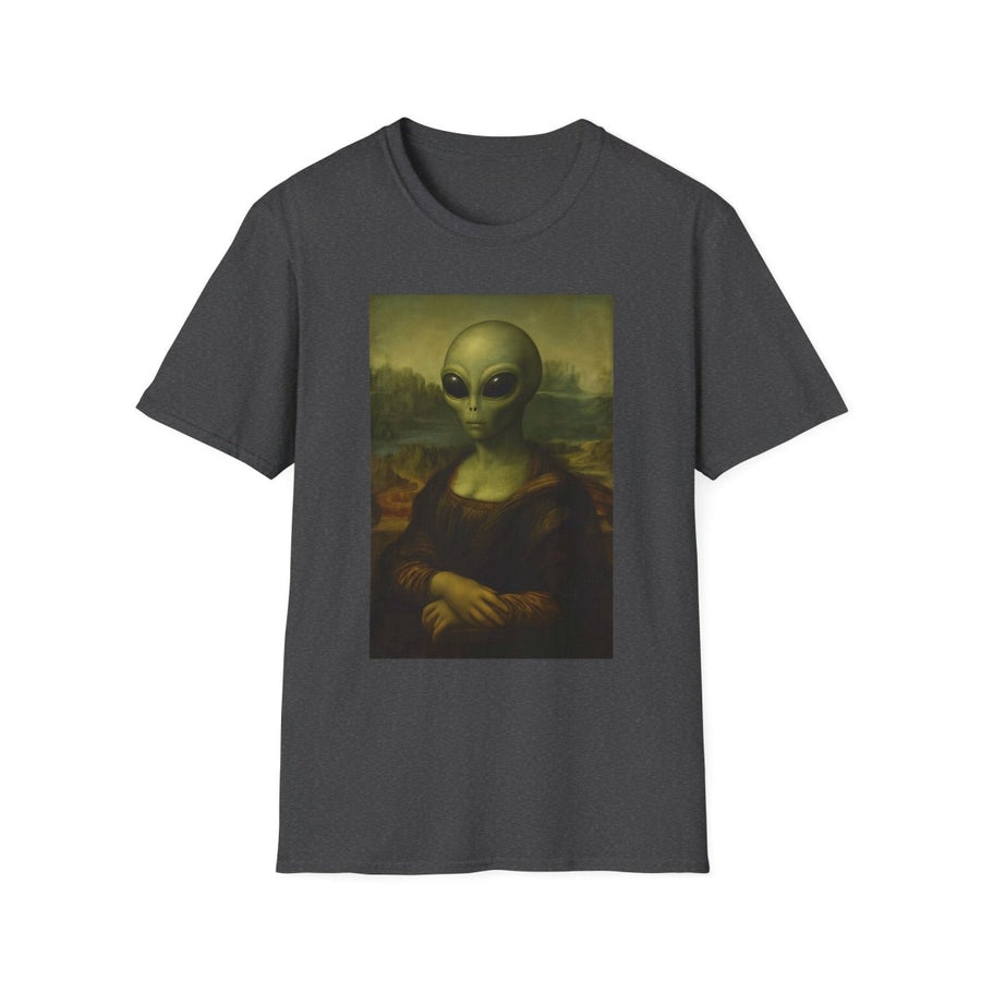 Anthrazitfarbenes T-Shirt mit Alien-Porträt im Mona-Lisa-Stil, Kunstparodie mit Renaissance-Elementen für Museum-und Pop-Culture-Fans.