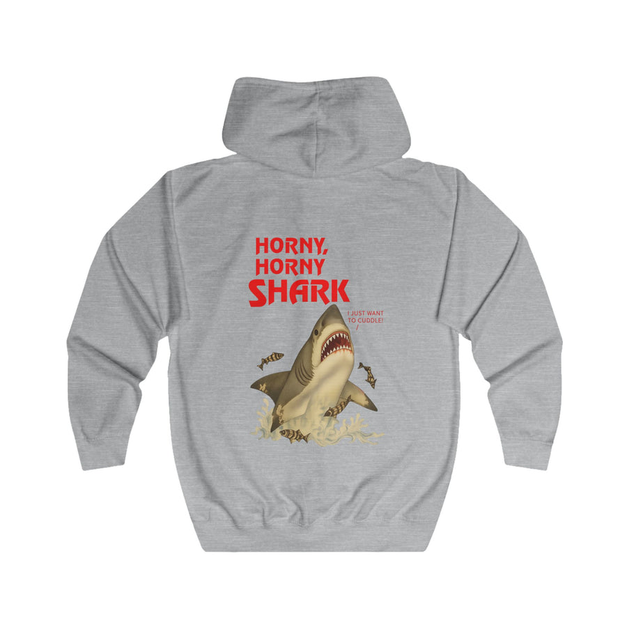 Hai Sweatjacke „Horny, Horny Shark“ – Zip-Hoodie mit Rückendruck – Heather Grey – Rückenansicht