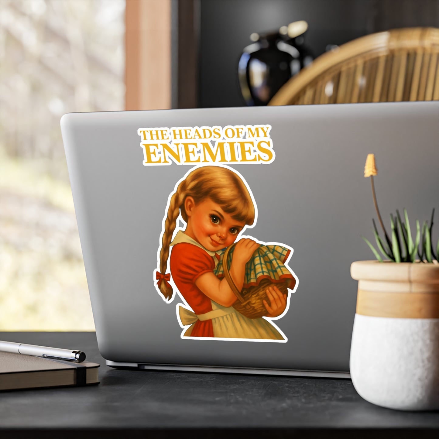 The Heads Of My Enemies Sticker - Lustiges Vintage Retro Meme Mädchen mit Korb - Ironischer Dark Humor Aufkleber Geschenk