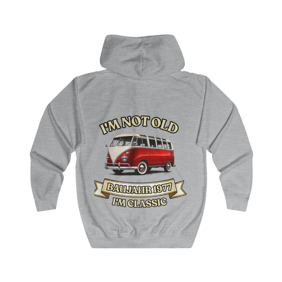 Geschenk zum 50. Geburtstag – Sweatjacke Jahrgang 1977 VW Bulli – Heather Grey – Rückenansicht