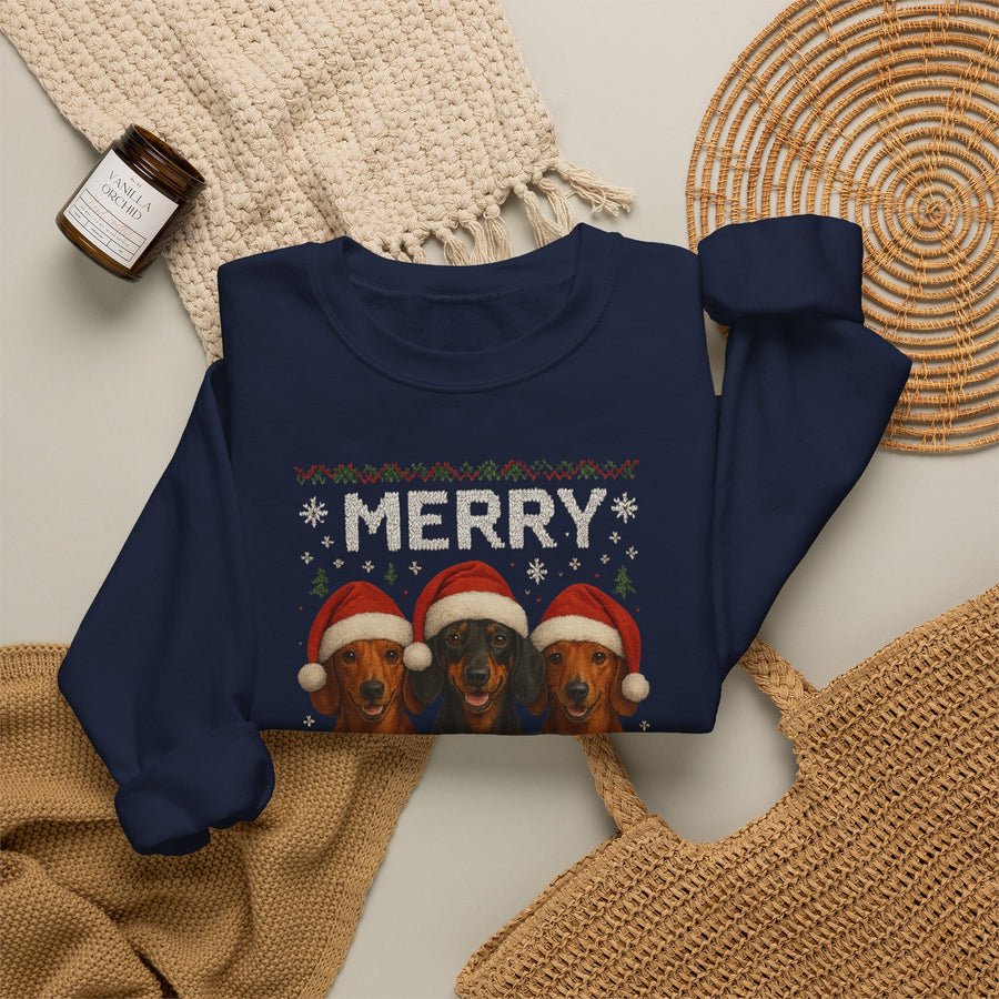 True Insights Merry Woofmas Dackel Sweatshirt – Lustiges Weihnachtsmotiv mit drei Dackeln