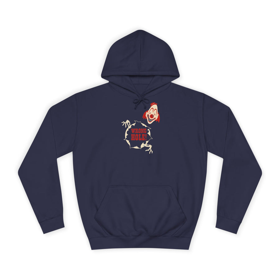 Hoodie „Wrong Hole!“ – Provokantes Clown-Motiv – Oxford Navy – Vorderseite