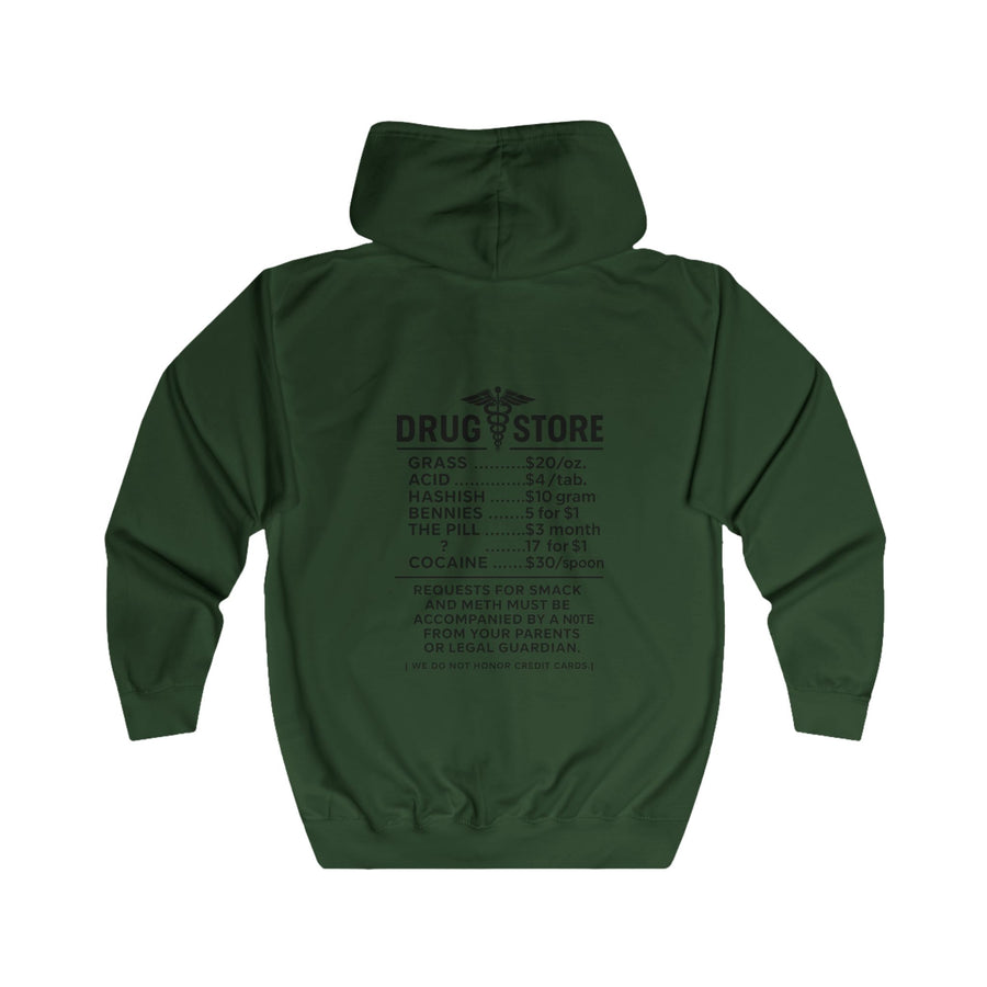 Drug Store Zip-Hoodie – Vintage-apotheekmotief met zwarte humor