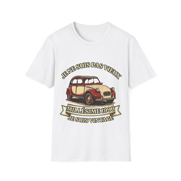 T-shirt Millésime 1996 « Je ne suis pas vieux, je suis vintage » – Cadeau anniversaire 30 ans homme – Deux-chevaux rouge et crème, voiture ancienne rétro
