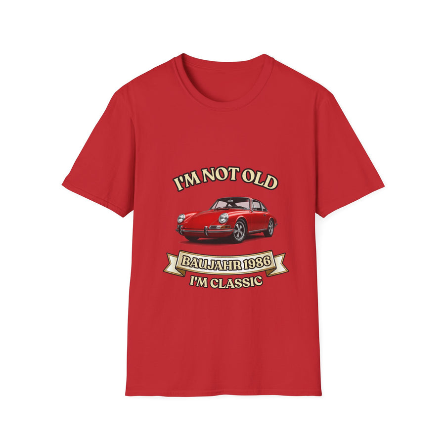 True Insights T-Shirt Baujahr 1986 roter Sportwagen in Rot, satirisches Geburtstagsgeschenk