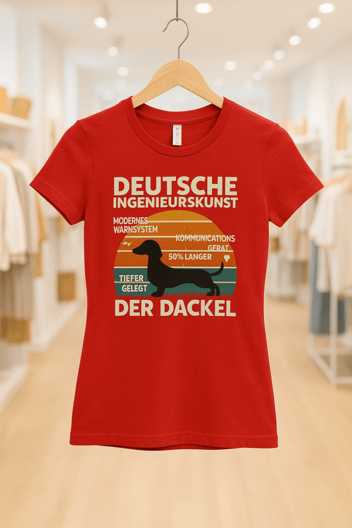 Rotes T-Shirt mit Schriftzug Deutsche-Ingenieurskunst-Der-Dackel im Ostalgie-Design mit Dackel-Silhouette für Technik-Enthusiasten.
