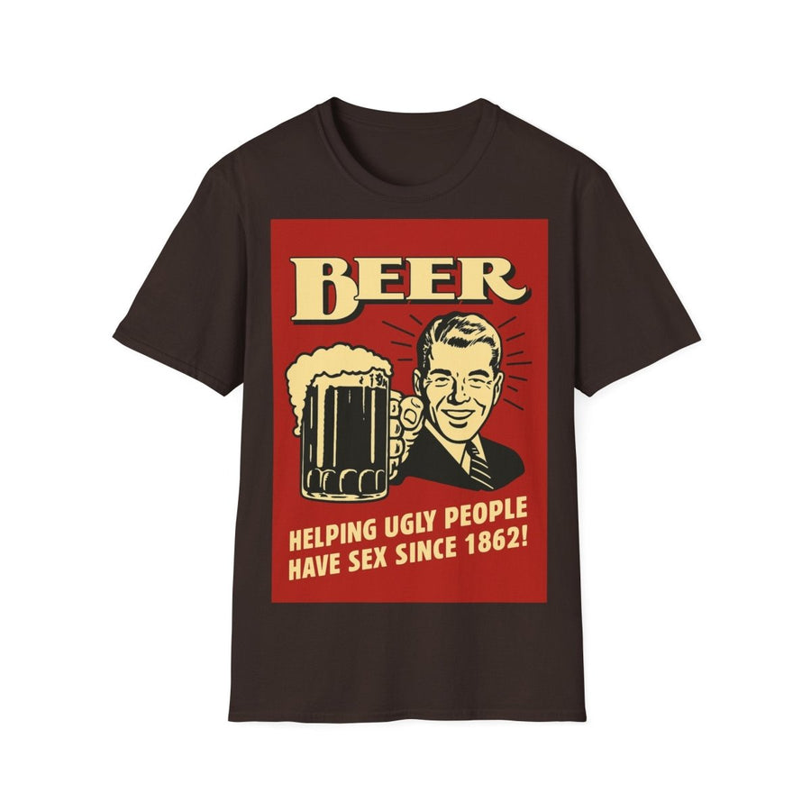 Charcoal T-Shirt mit Vintage-Bier-Plakat im Retro-Poster-Stil: lachender Mann mit Bierkrug und Schriftzug Beer-Helping-Ugly-People-Have-Sex-Since-1862 fuer Erwachsene.