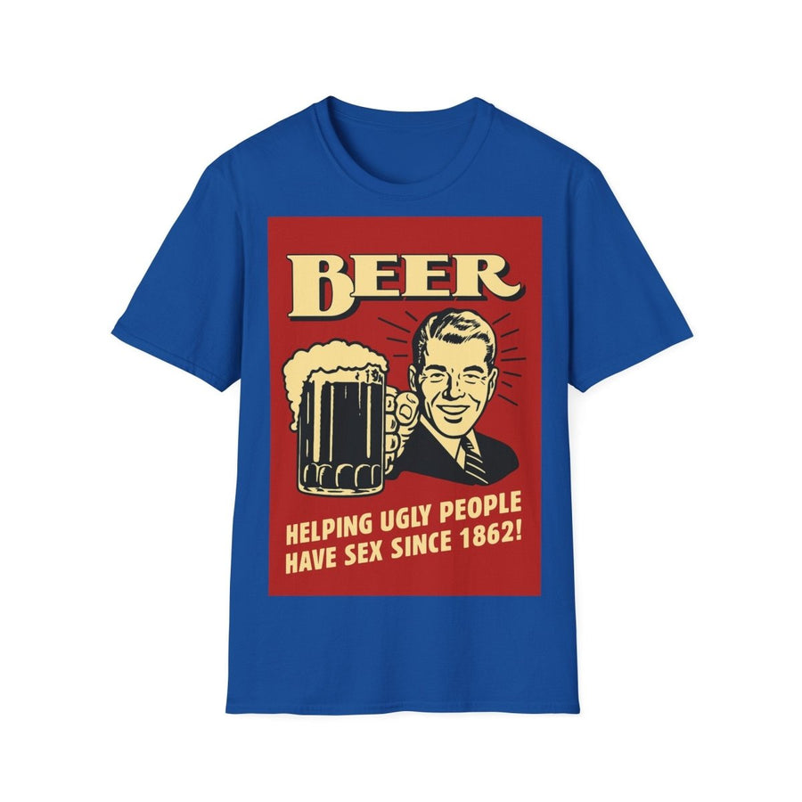 Blaues T-Shirt mit Vintage-Bier-Plakat im Retro-Poster-Stil, humorvolles Motiv mit Schriftzug Beer und lächelndem Mann mit Bierkrug, fuer Bierliebhaber.