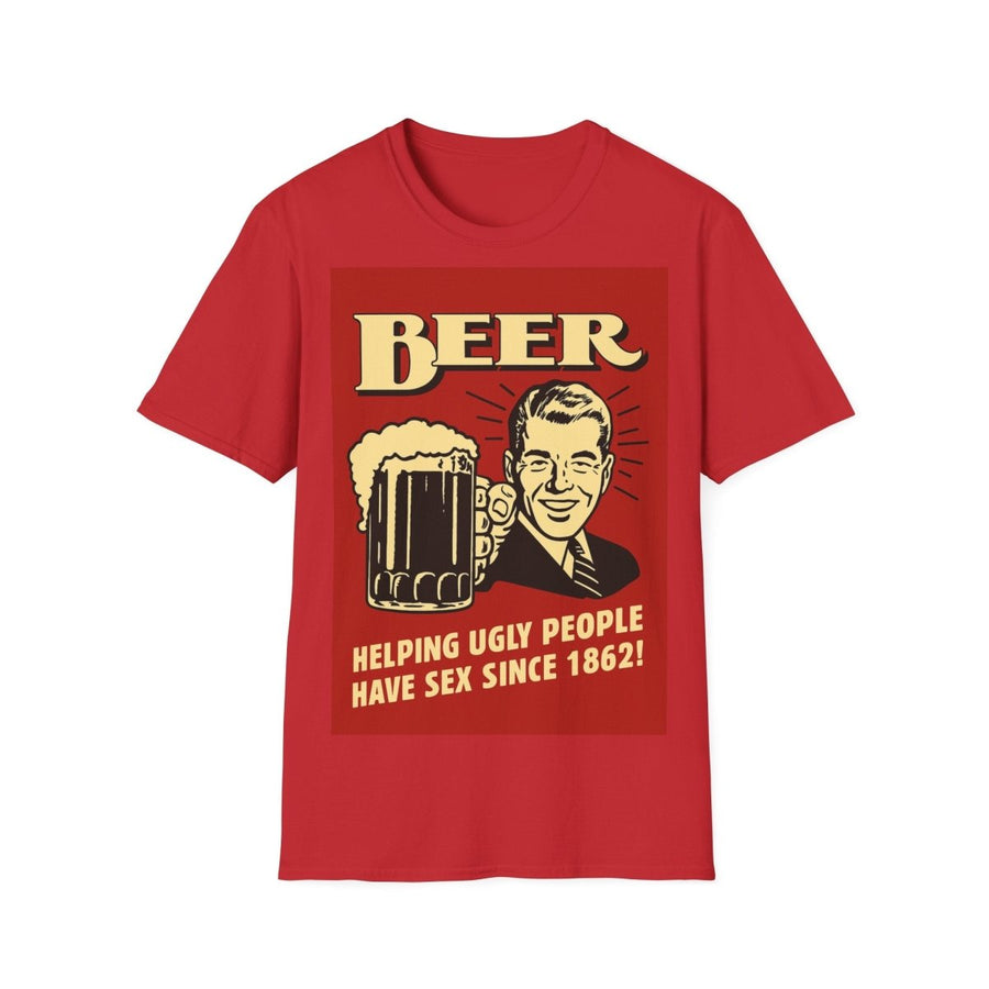 Rotes T-Shirt mit Schriftzug Beer und Vintage-Mann mit Bierkrug im Retro-Poster-Stil für Erwachsene.