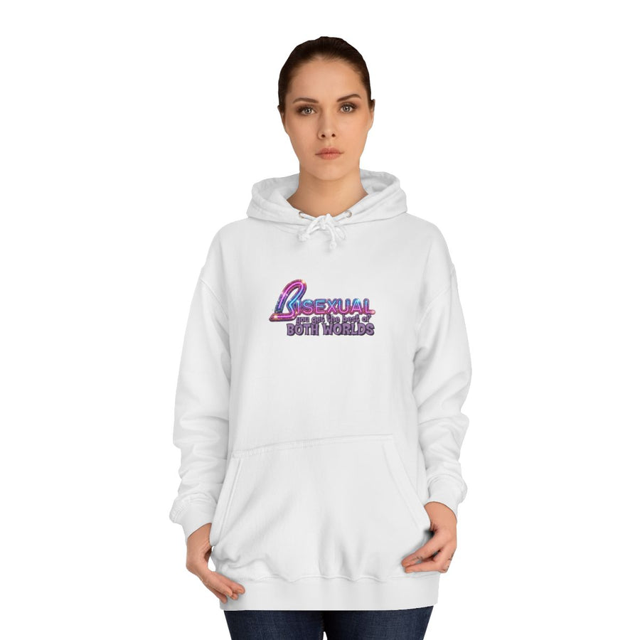 Bisexual – Best of Both Worlds Hoodie – Glitzer-Motiv für Bi Pride und CSD – Arctic White – von Frau getragen