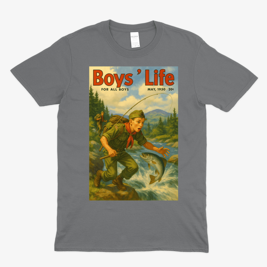 True Insights T-Shirt Boys' Life satirisches Retro Pfadfinder-Motiv in Anthrazit, frontale Produktansicht