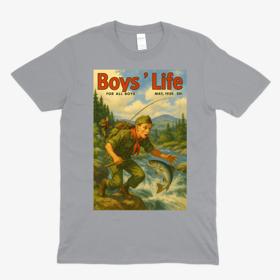 True Insights T-Shirt Boys' Life satirisches Retro Pfadfinder-Motiv in Sportgrau, frontale Ansicht