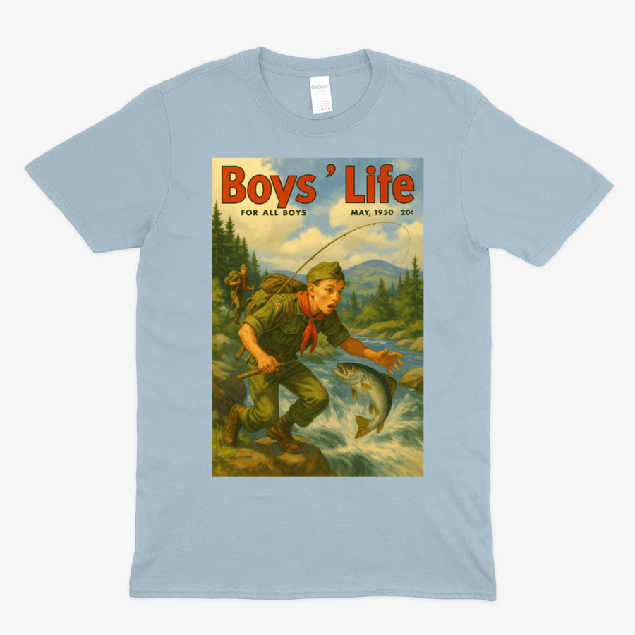 True Insights T-Shirt Boys' Life satirisches Retro Pfadfinder-Motiv in Hellblau, Vorderansicht mit Design
