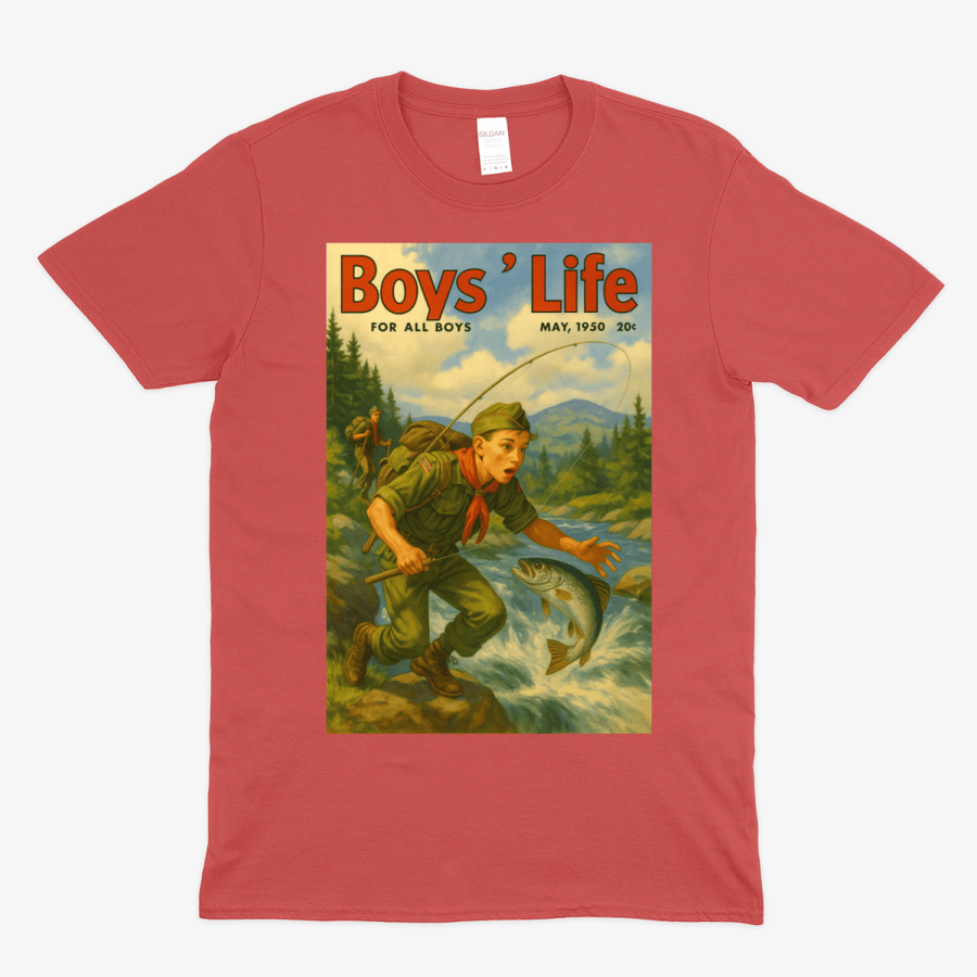 True Insights T-Shirt Boys' Life satirisches Retro Pfadfinder-Motiv in Rot, frontale Produktansicht