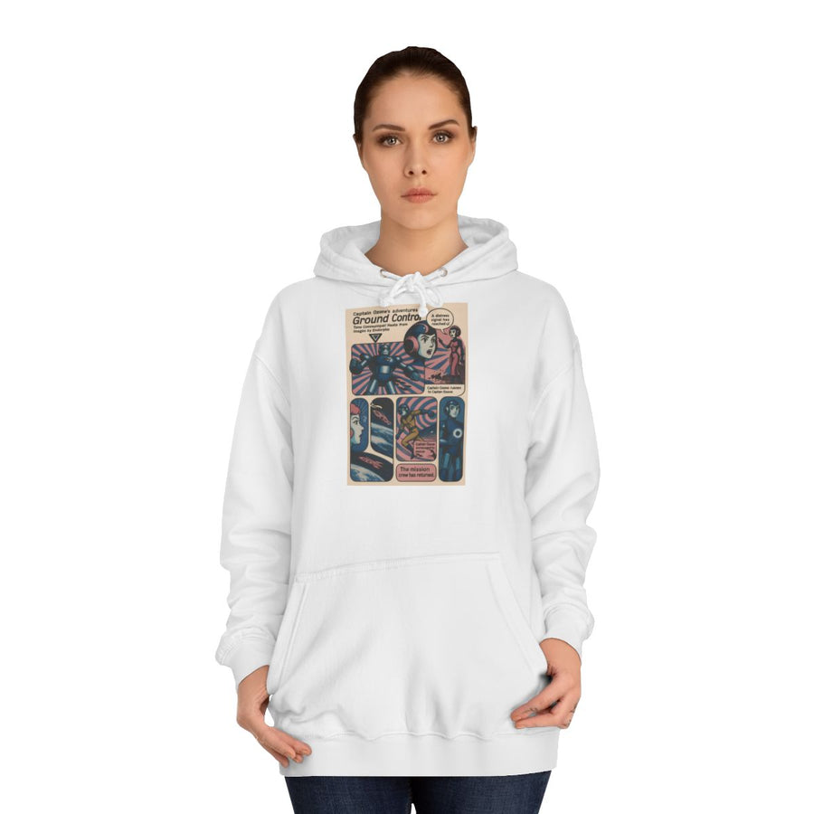 Retro Hoodie „Captain Ozone“ – Retro-Sci-Fi im Comic-Stil – Arctic White – von Frau getragen