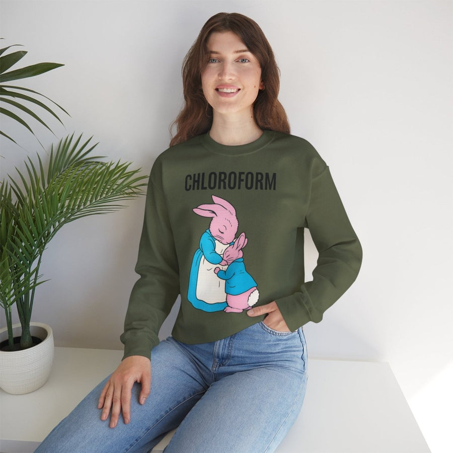 „CHLOROFORM“ – Retro-Sweatshirt mit Hasen und bösem Twist – Freches Satire-Design für mutige Statements | True Insights