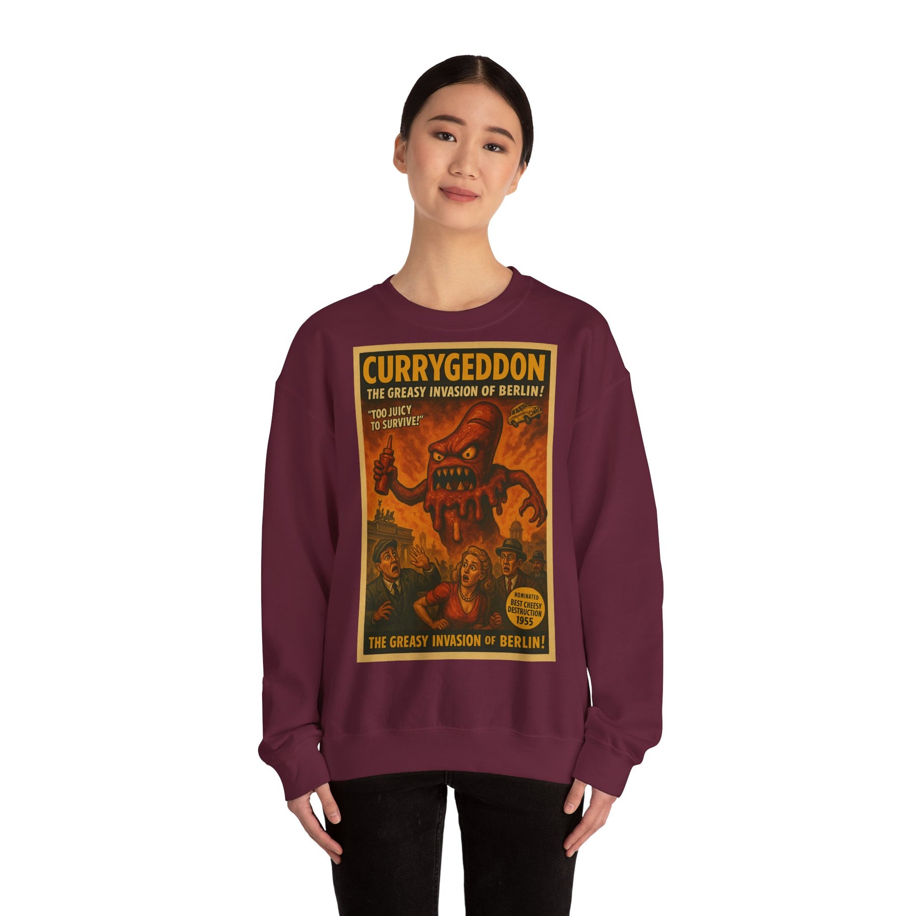 Vintage Motiv – Currygeddon Sweatshirt – Berlin-Monster im Retro-Stil | True Insights Design mit Humor