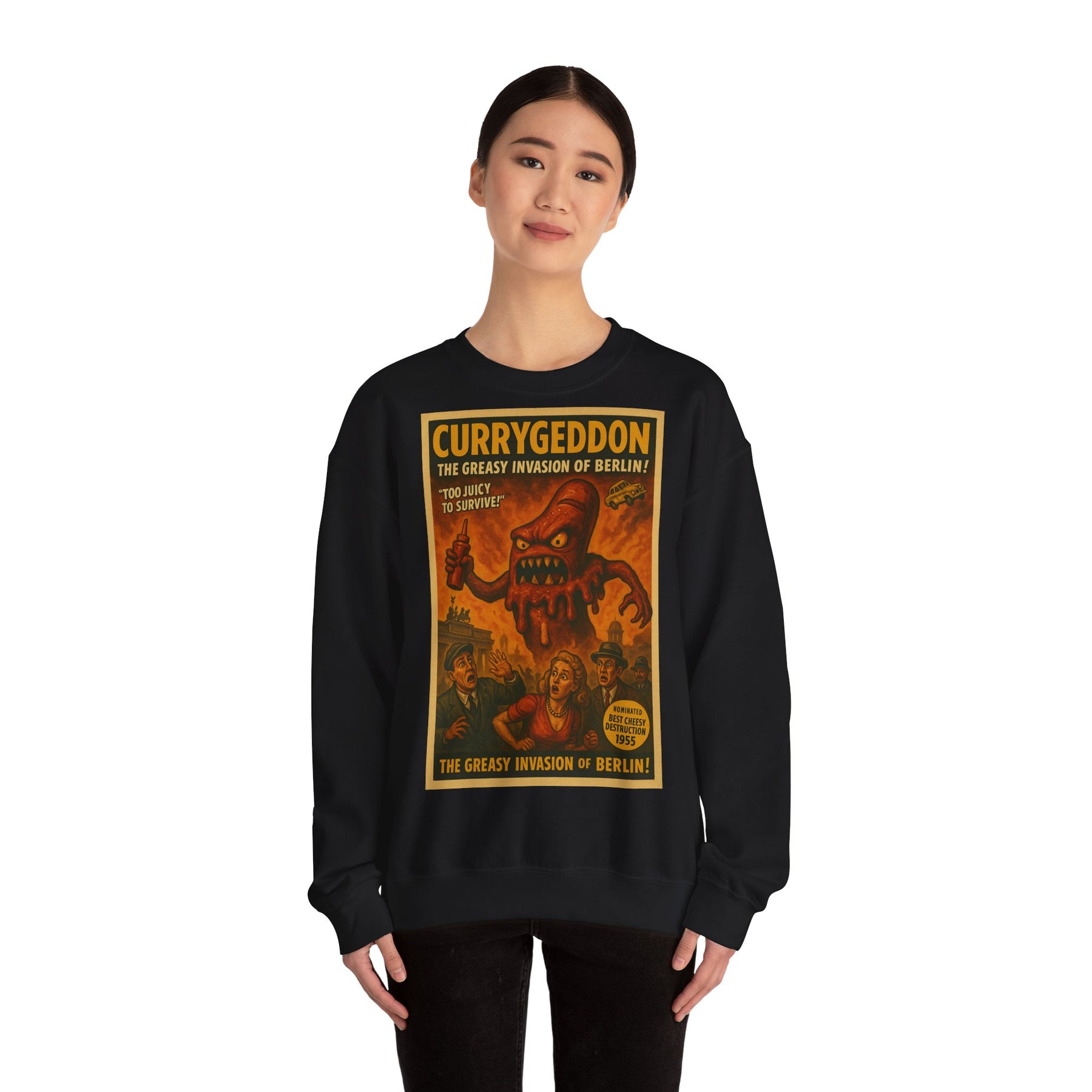 Vintage Motiv – Currygeddon Sweatshirt – Berlin-Monster im Retro-Stil | True Insights Design mit Humor