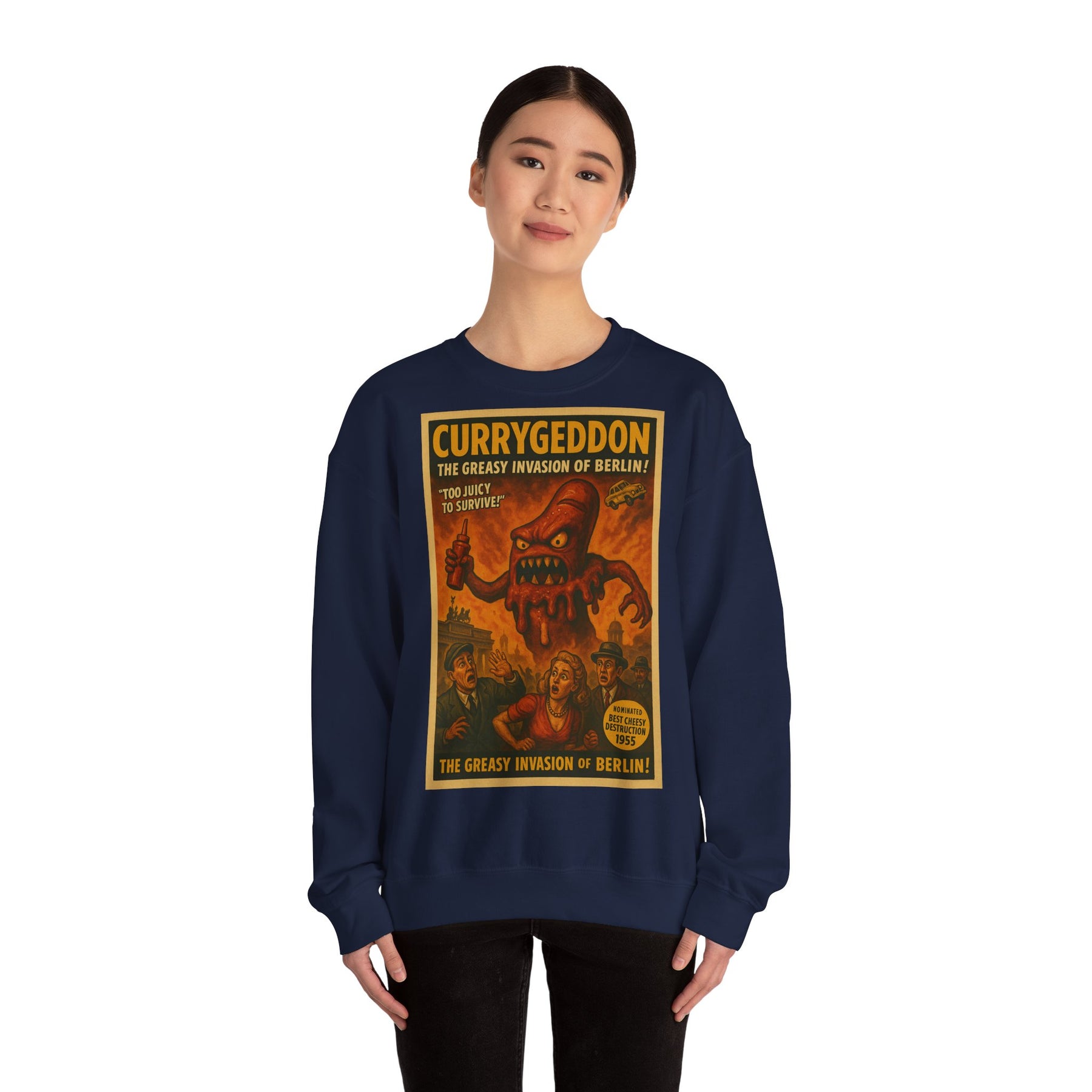 Vintage Motiv – Currygeddon Sweatshirt – Berlin-Monster im Retro-Stil | True Insights Design mit Humor