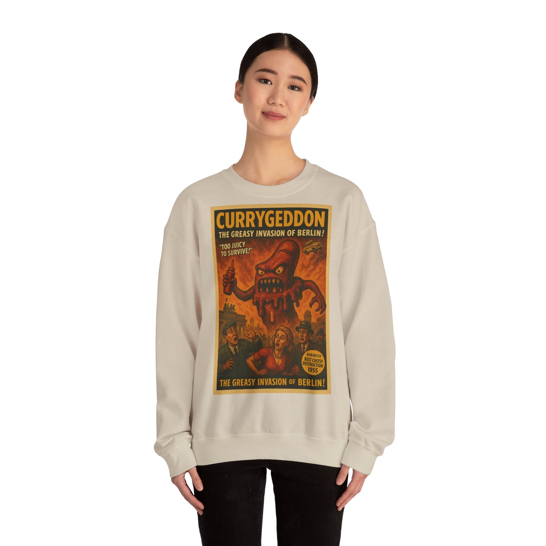 Vintage Motiv – Currygeddon Sweatshirt – Berlin-Monster im Retro-Stil | True Insights Design mit Humor