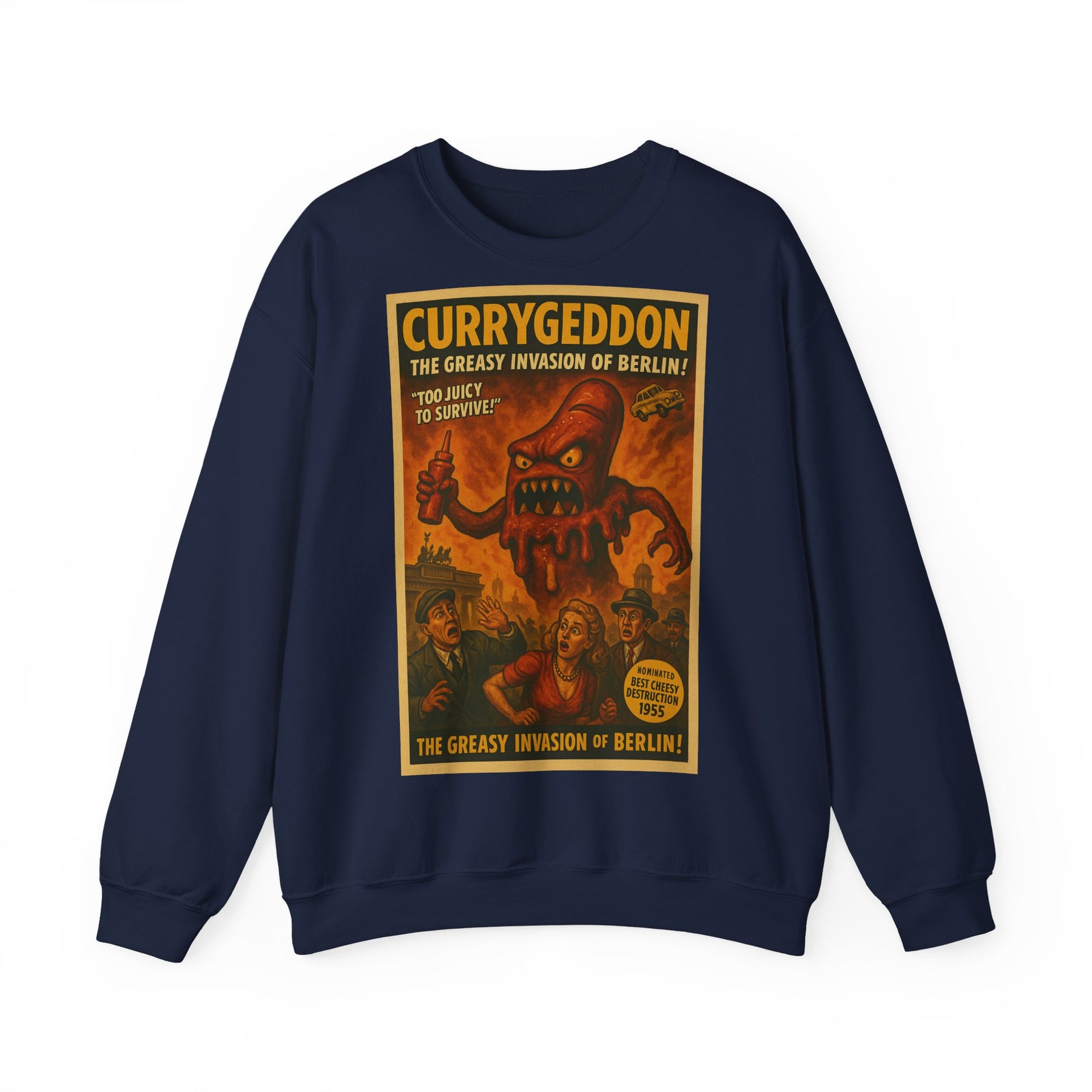 Vintage Motiv – Currygeddon Sweatshirt – Berlin-Monster im Retro-Stil | True Insights Design mit Humor