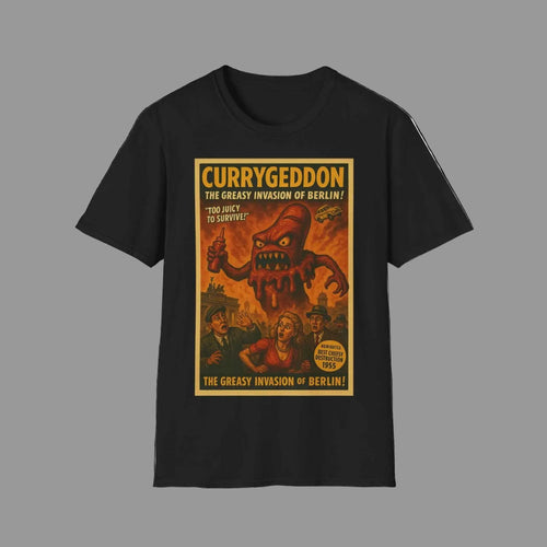 Frontansicht eines anthrazitfarbenen Unisex-T-Shirts mit retro‑Horror-Illustration, zentral auf der Brust zu sehen, True Insights.