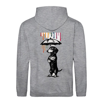 Dackel „Color Rain“ – Urban Street-Art Hoodie mit buntem Farbregen-True Insights