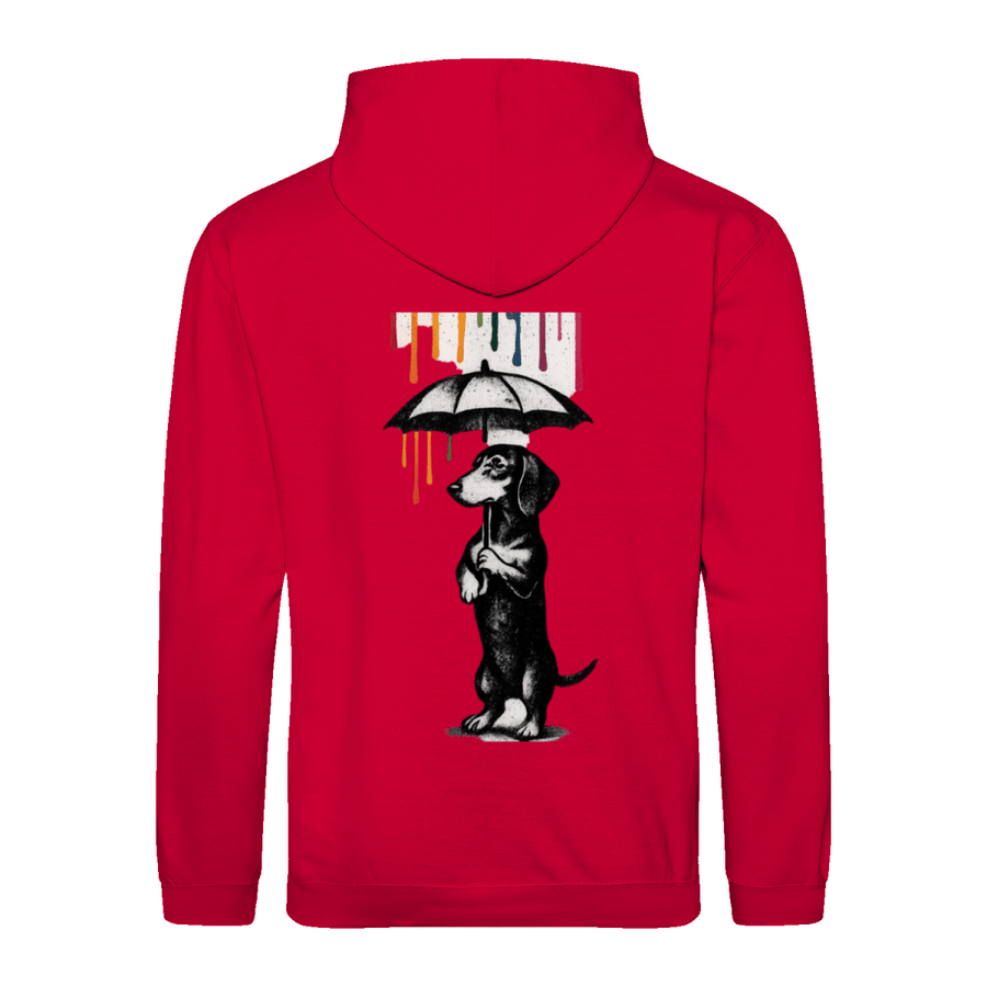 Dackel „Color Rain“ – Urban Street-Art Hoodie mit buntem Farbregen-True Insights