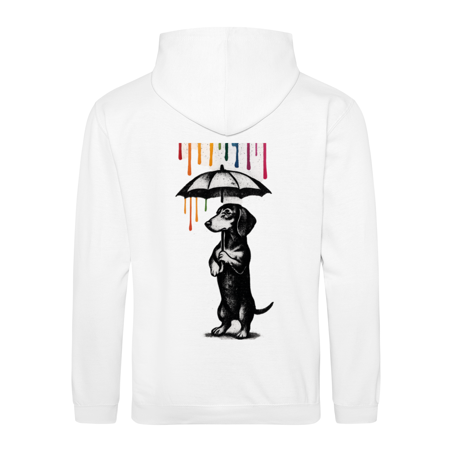 Dackel „Color Rain“ – Urban Street-Art Hoodie mit buntem Farbregen-True Insights