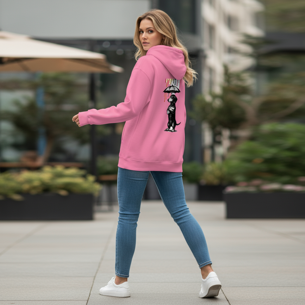 Dackel „Color Rain“ – Urban Street-Art Hoodie mit buntem Farbregen