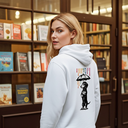 Dackel „Color Rain“ – Urban Street-Art Zip-Hoodie mit Dackel & Farbregen