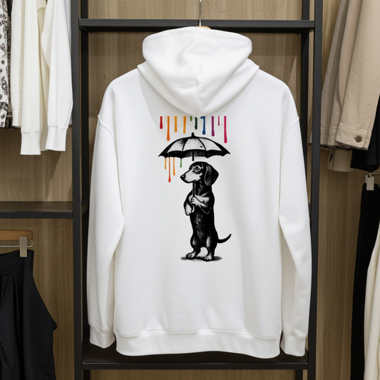 Dackel „Color Rain“ – Urban Street-Art Zip-Hoodie mit Dackel & Farbregen