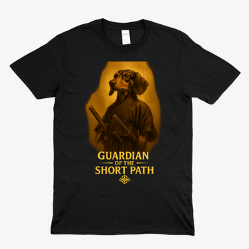 Schwarzes T-Shirt mit Dackel-Motiv Guardian-of-the-Short-Path in Fantasy-Kunst-Stil mit goldenem Heiligenschein für Hundeliebhaber.