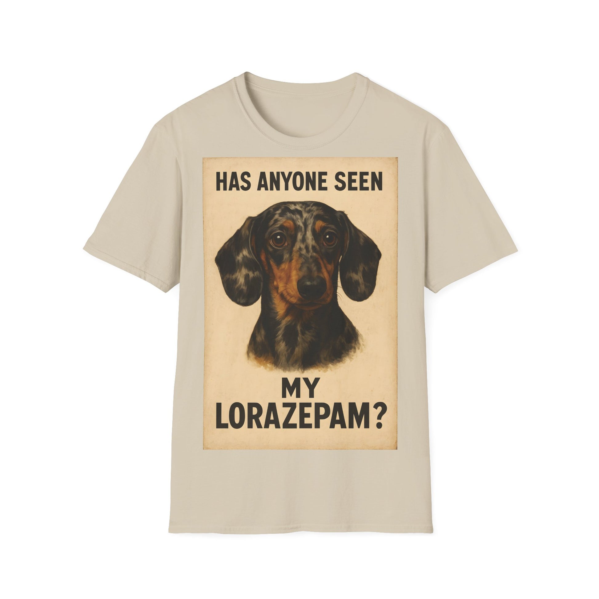 Dackel Shirt – „Has anyone seen my Lorazepam?“ | Lustiges Retro T-Shirt für Hundefans mit schwarzem Humor – Freches Satire-Design für mutige Statements | True Insights