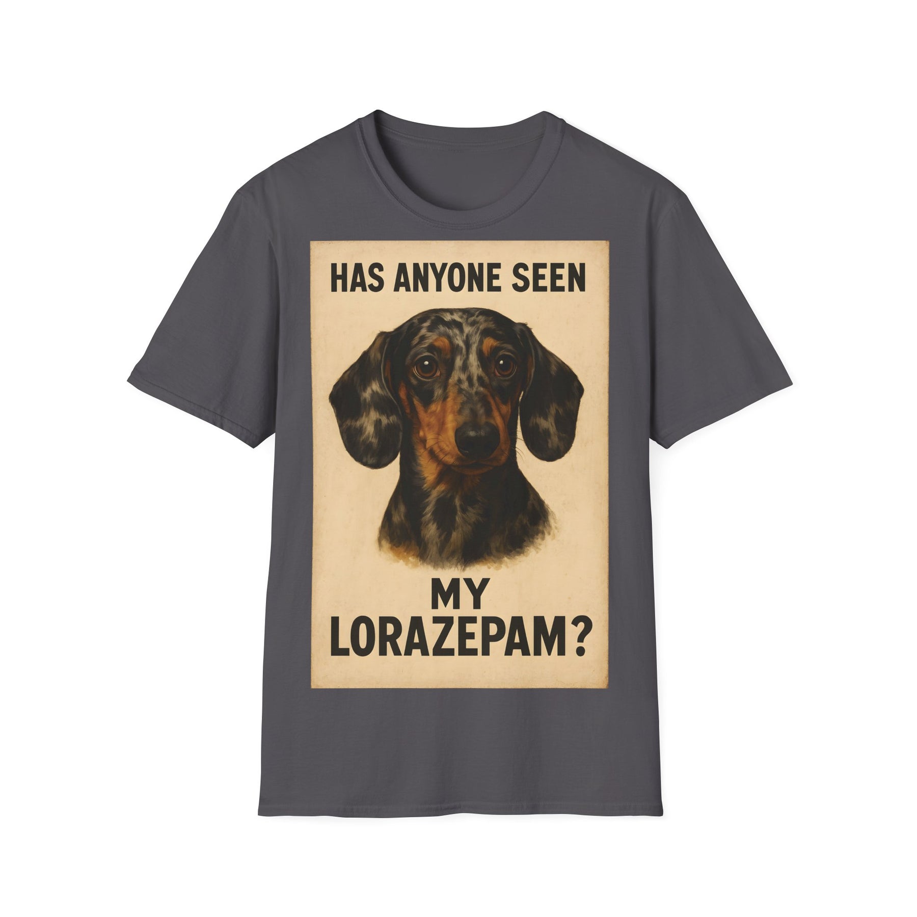 Dackel Shirt – „Has anyone seen my Lorazepam?“ | Lustiges Retro T-Shirt für Hundefans mit schwarzem Humor – Freches Satire-Design für mutige Statements | True Insights