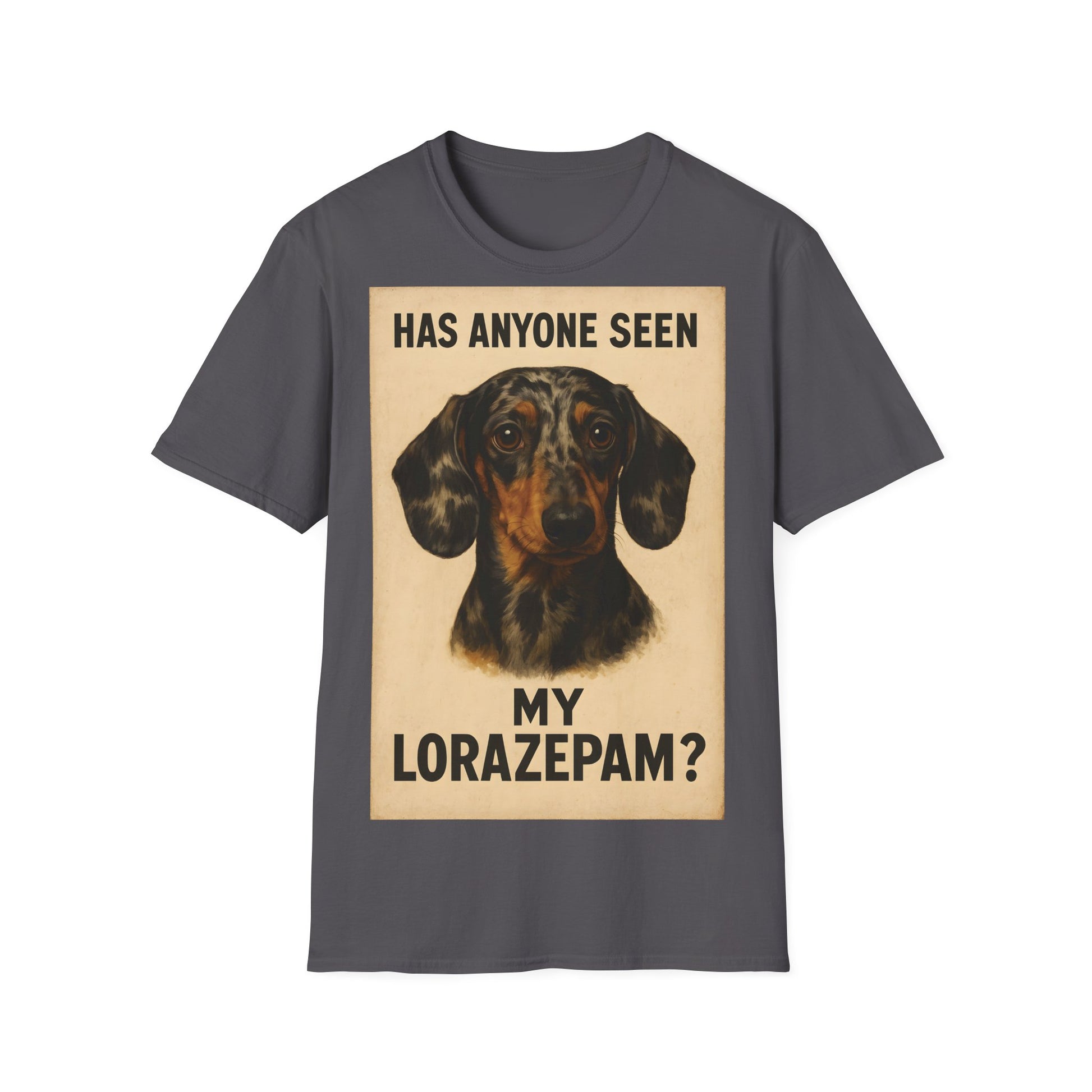 Dackel Shirt – „Has anyone seen my Lorazepam?“ | Lustiges Retro T-Shirt für Hundefans mit schwarzem Humor – Freches Satire-Design für mutige Statements | True Insights