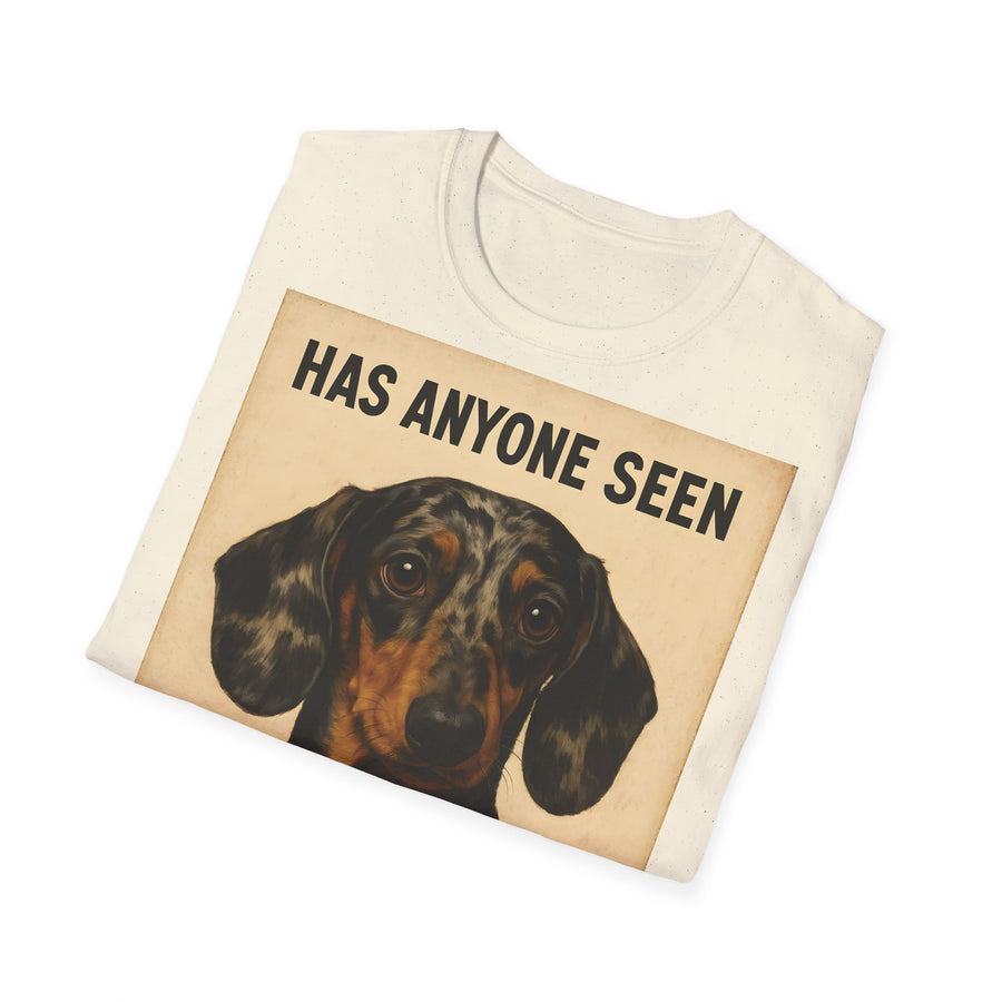 Naturfarben-T-Shirt mit Vintage-Motiv: Dackelkopf und Text „HAS ANYONE SEEN“