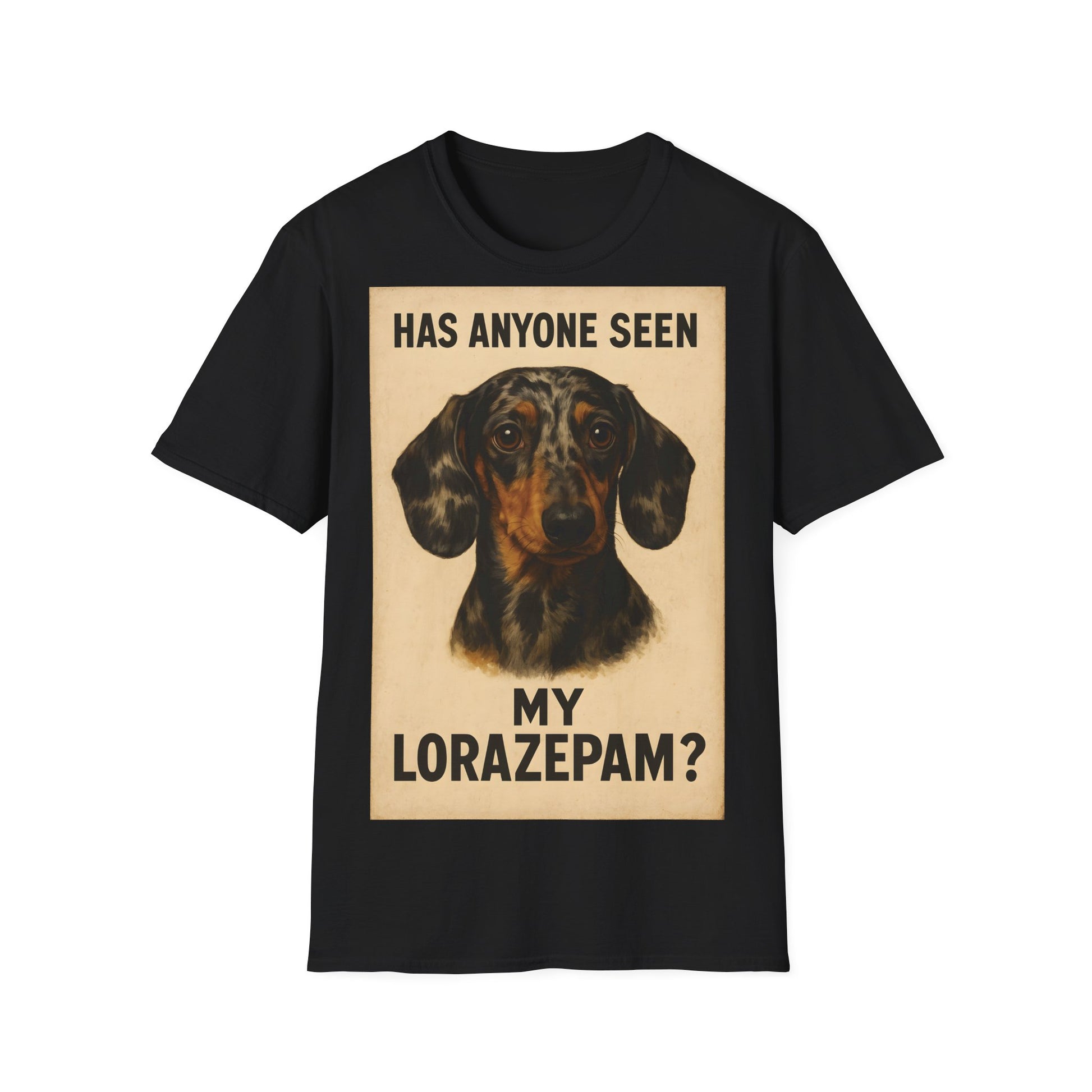 Dackel Shirt – „Has anyone seen my Lorazepam?“ | Lustiges Retro T-Shirt für Hundefans mit schwarzem Humor – Freches Satire-Design für mutige Statements | True Insights