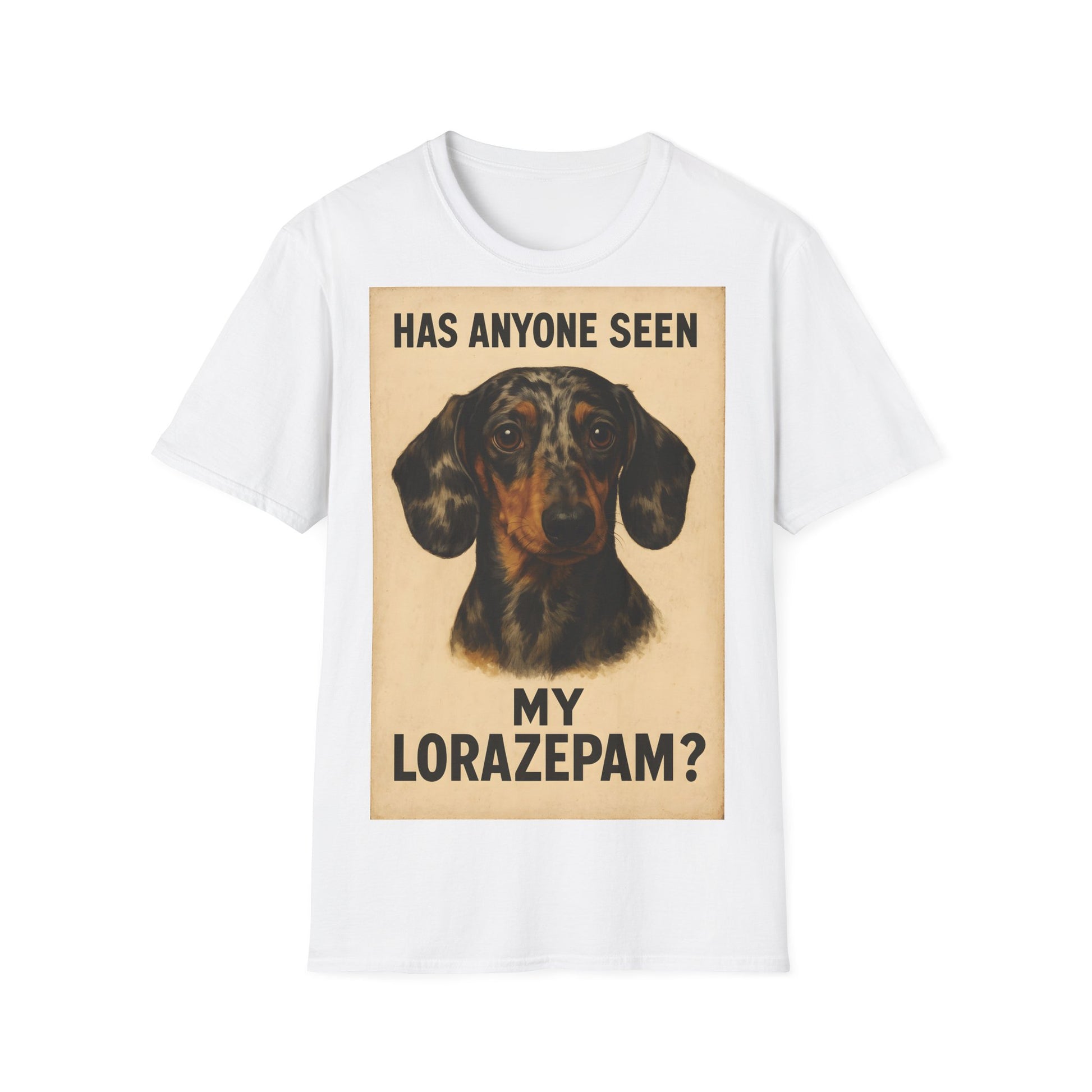 Dackel Shirt – „Has anyone seen my Lorazepam?“ | Lustiges Retro T-Shirt für Hundefans mit schwarzem Humor – Freches Satire-Design für mutige Statements | True Insights