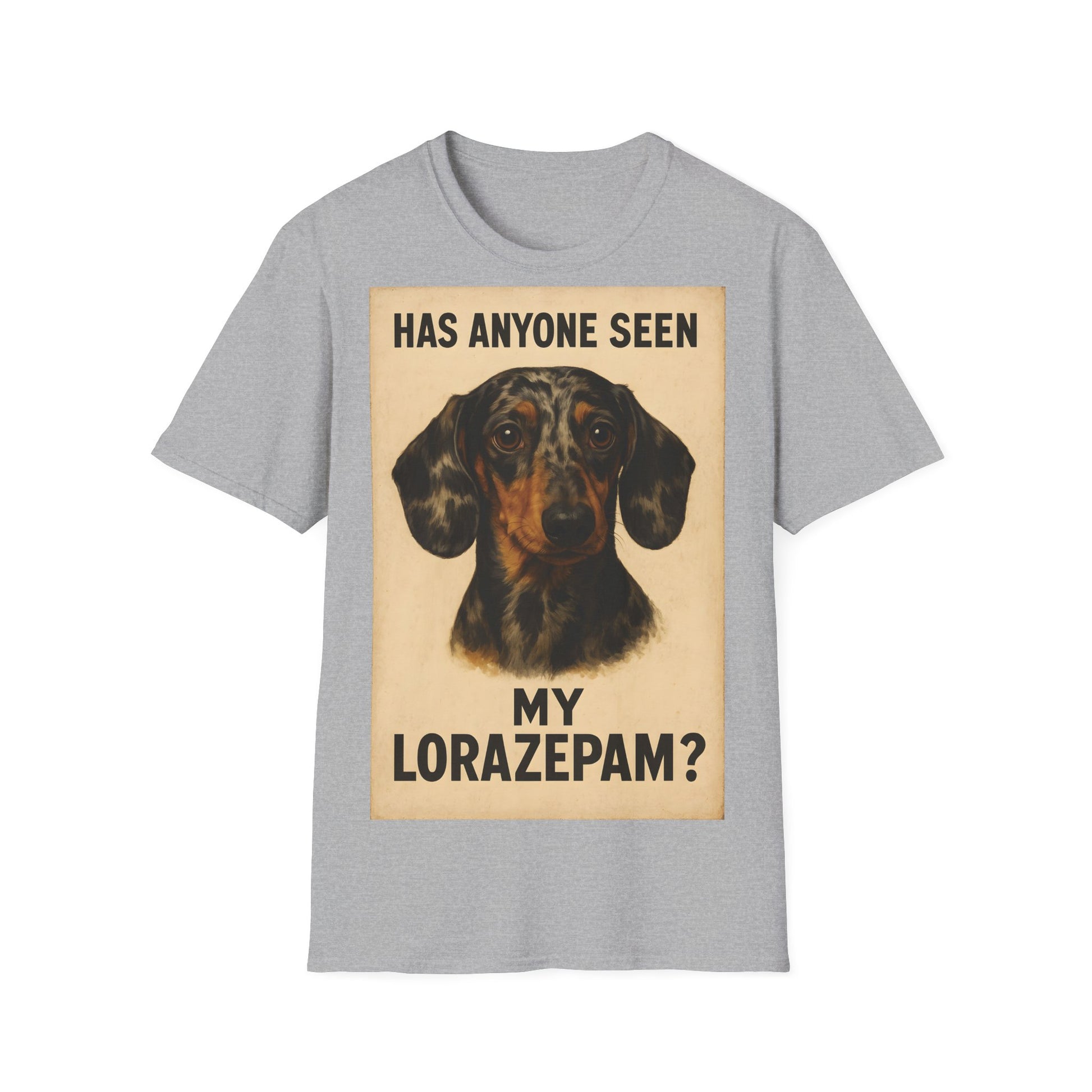 Dackel Shirt – „Has anyone seen my Lorazepam?“ | Lustiges Retro T-Shirt für Hundefans mit schwarzem Humor – Freches Satire-Design für mutige Statements | True Insights