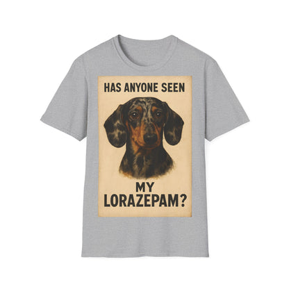 Dackel Shirt – „Has anyone seen my Lorazepam?“ | Lustiges Retro T-Shirt für Hundefans mit schwarzem Humor – Freches Satire-Design für mutige Statements | True Insights