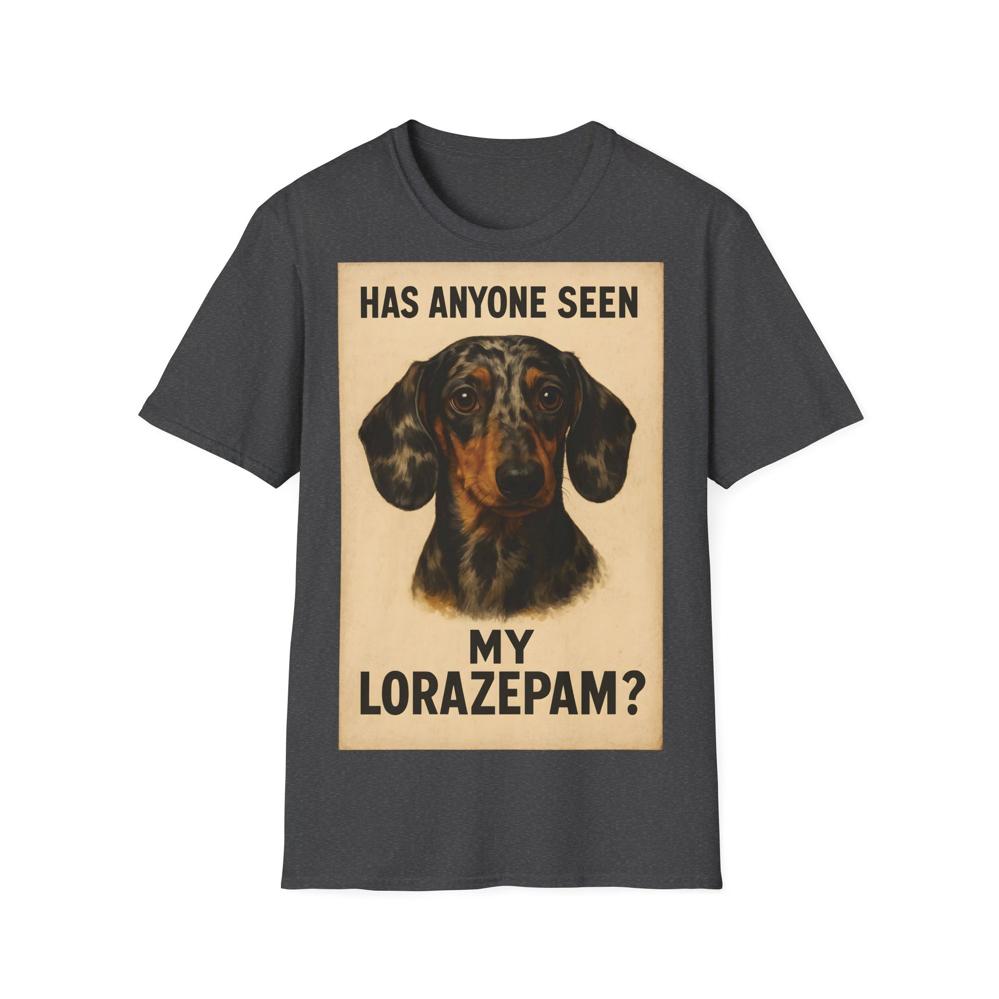 Dackel Shirt – „Has anyone seen my Lorazepam?“ | Lustiges Retro T-Shirt für Hundefans mit schwarzem Humor – Freches Satire-Design für mutige Statements | True Insights