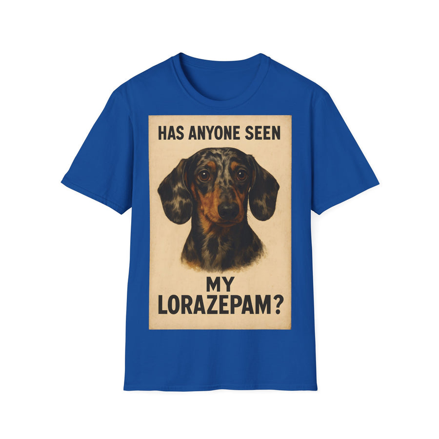 Königsblaues T-Shirt mit Vintage-Plakat eines Dackels und Text „HAS ANYONE SEEN MY LORAZEPAM?“