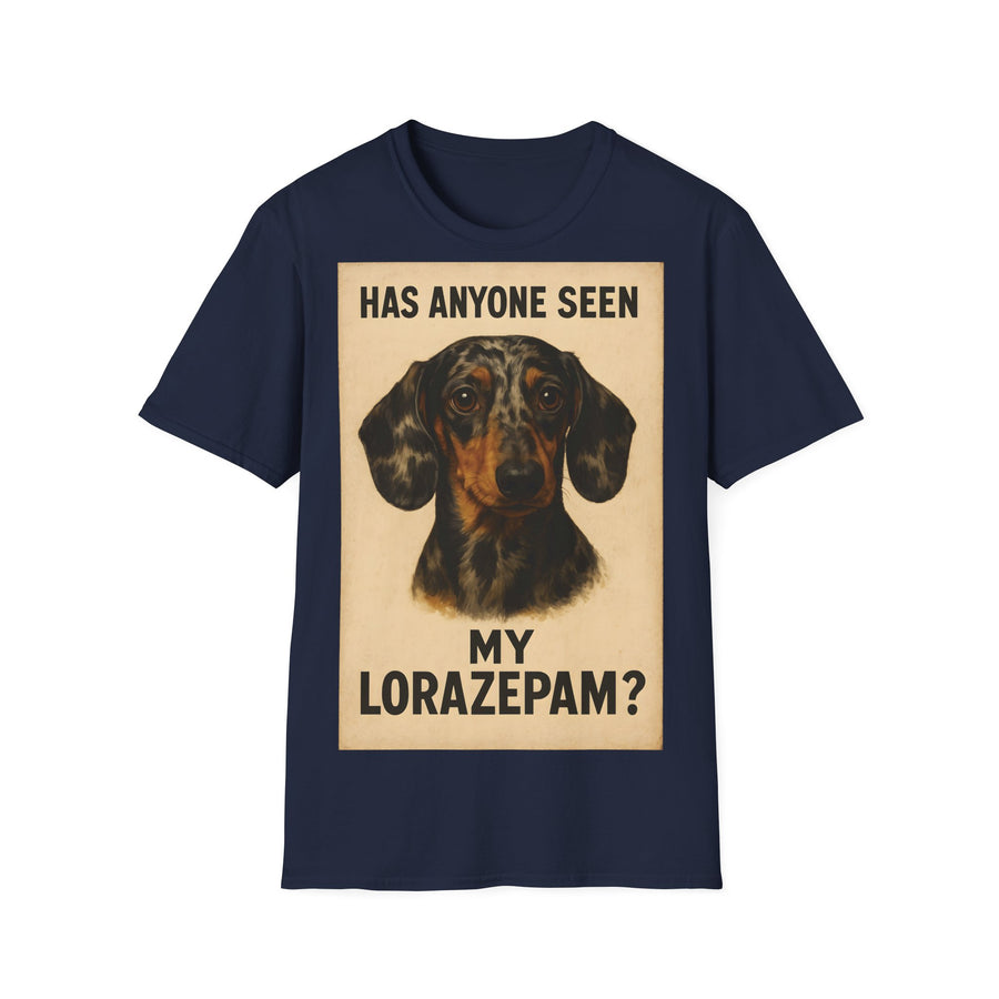 Marineblaues T-Shirt mit Vintage-Motiv eines Dackels und Text „HAS ANYONE SEEN MY LORAZEPAM?“