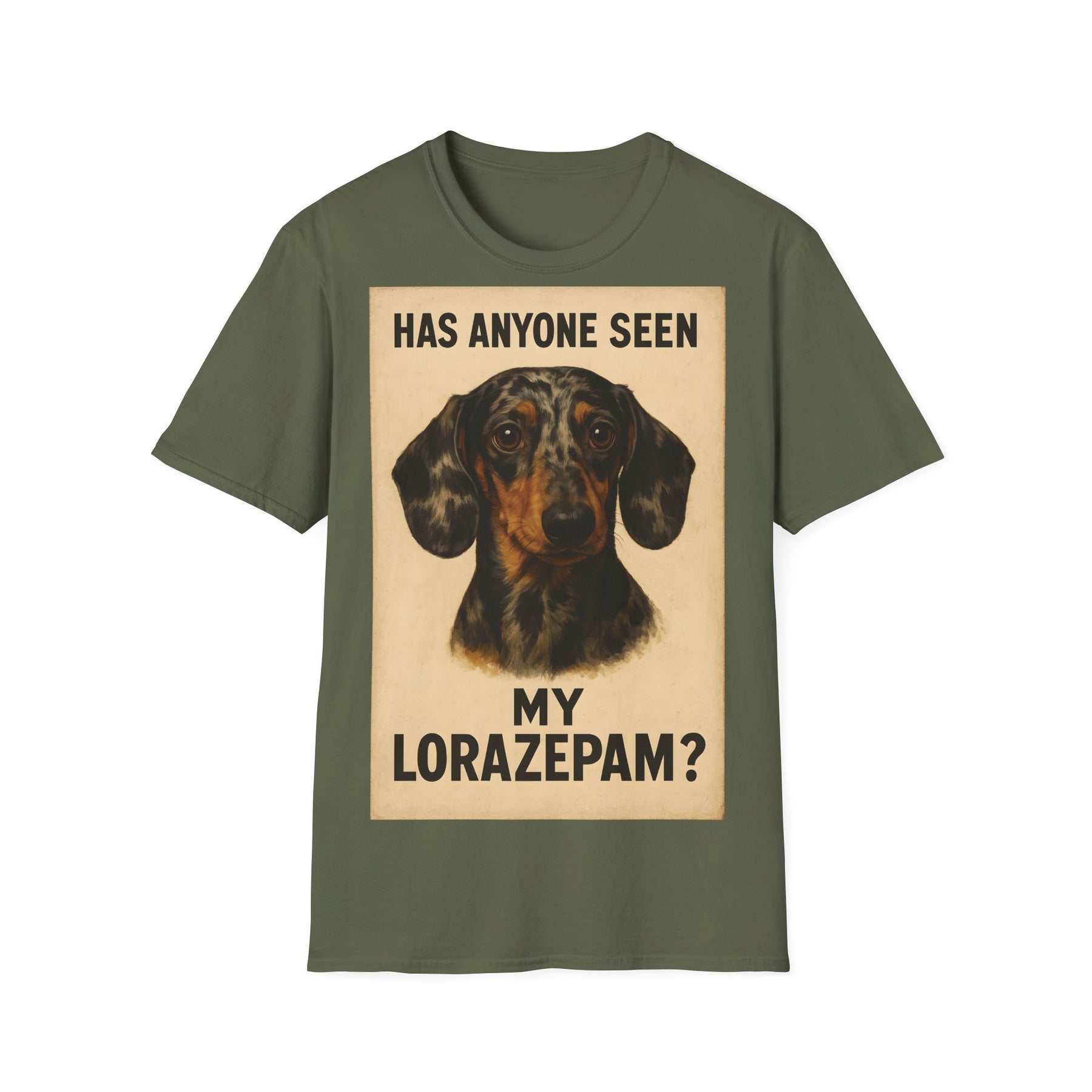 Dackel Shirt – „Has anyone seen my Lorazepam?“ | Lustiges Retro T-Shirt für Hundefans mit schwarzem Humor – Freches Satire-Design für mutige Statements | True Insights