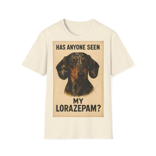 Dackel Shirt – „Has anyone seen my Lorazepam?“ | Lustiges Retro T-Shirt für Hundefans mit schwarzem Humor – Freches Satire-Design für mutige Statements | True Insights