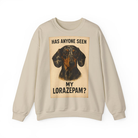 Dackel Sweatshirt – „Has anyone seen my Lorazepam?“ | Lustiger Pullover für Hundefreunde mit schwarzem Humor – Lustiges Sweatshirt | True Insights – Bild 1